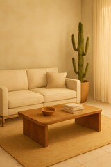 Warm Minimalist Living Room with Walnut Coffee Table and Neutral Tones — Watercolor Printable Interior Decor