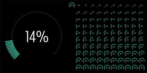 Set of circular sector arc percentage diagrams meters progress bar from 0 to 100 ready-to-use for web design, user interface UI or infographic - indicator with green