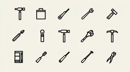 Obraz premium Black-line drawings on white assorted tools, incl. hammers, wrenches, pliers, chisel, etc