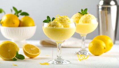 Yellow lemon sorbet served in coupe glass with fresh zest garnish, refreshing dessert and bright citrus presentation.