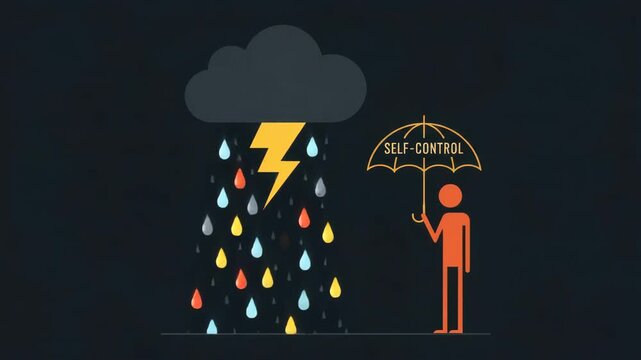 A person with an umbrella labeled self-control faces a storm, showing resilience