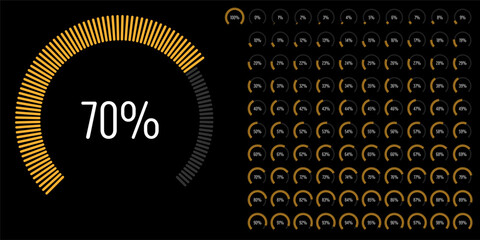 Set of circular sector arc percentage diagrams meters progress bar from 0 to 100 ready-to-use for web design, user interface UI or infographic - indicator with yellow