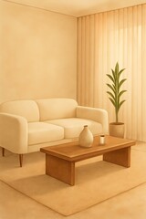 Serene Minimalist Lounge with Boucle Sofa and Glowing Sheer Curtains — Watercolor Printable Interior Wall Art