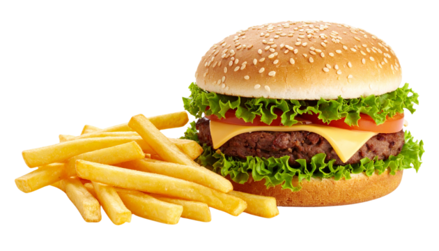 Delicious double cheeseburger with crispy french fries