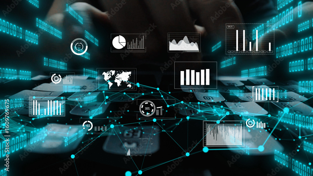 Poster this image showcases a cutting-edge digital concept combining data analysis elements like graphs and