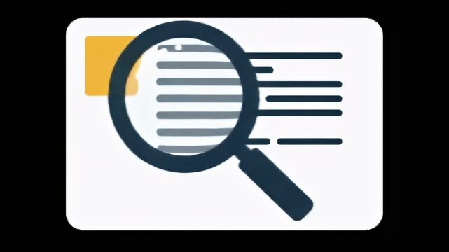 Magnifying glass over document with yellow block on white background with black backdrop