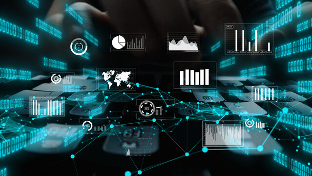 This image showcases a cutting-edge digital concept combining data analysis elements like graphs and numbers over a keyboard, symbolizing modern technology trends. Xenic