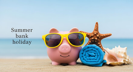 A piggy bank with sunglasses on the beach for summer bank holiday