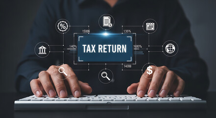 A person is typing on a keyboard with a tax return graphic overlayed on the image