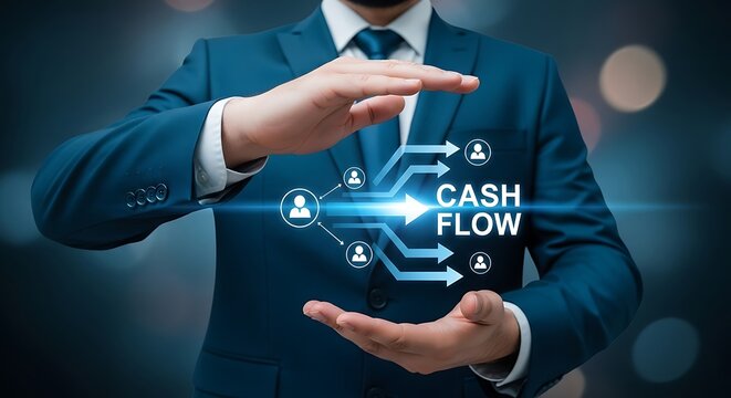 A businessman is holding a digital display of cash flow and related icons - Powered by Adobe