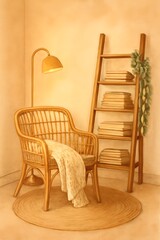 Minimalist Reading Corner with Rattan Armchair and Sunrise Light — Watercolor Printable Decor for Calm Interiors