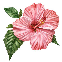 A hand-drawn illustration painting of a hibiscus flower set in soft watercolor style, featuring delicate brush strokes, isolated on a white background, artistic, painted design, EPS format, flower set © sabart