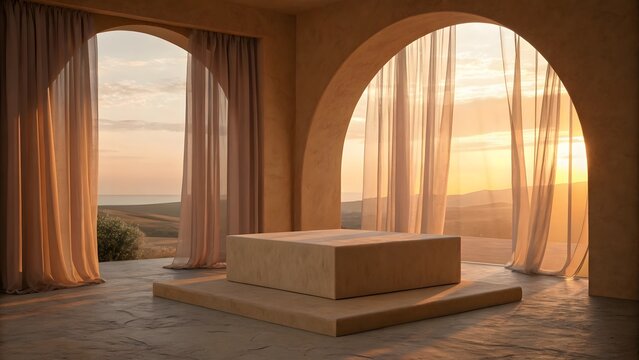 Sand colored rectangular podium interior with arched windows and sheer curtains image