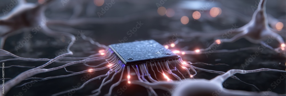 Poster ai chip integrates with glowing neurons in a futuristic neural network environment