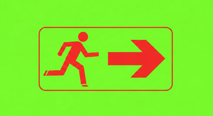Red running man exit sign with arrow on bright green background