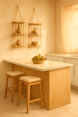 Premium Minimalist Kitchen with Pale Oak Breakfast Bar and Curated Macramé Shelves — Watercolor Printable Decor