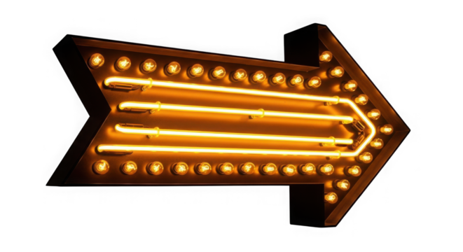 Retro marquee arrow sign with warm orange neon lights