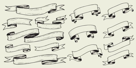 Collection of hand drawn vintage style blank ribbons and banners for text and decoration isolated on light background
