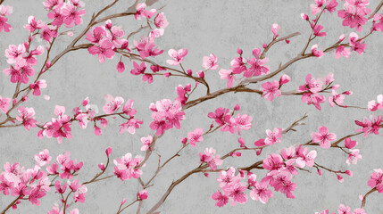 Cherry blossom branches in soft illustration style, pastel blooms on neutral gray backdrop  [with copy space]