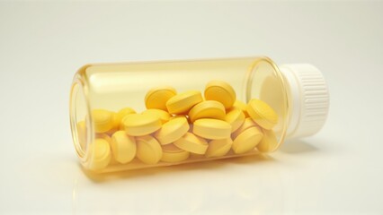 Clear medicine bottle with yellow tablets inside