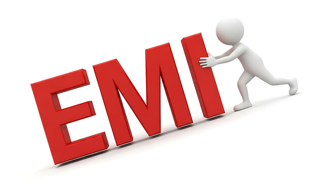 A 3d stick figure struggles to push a large red emi text on white background