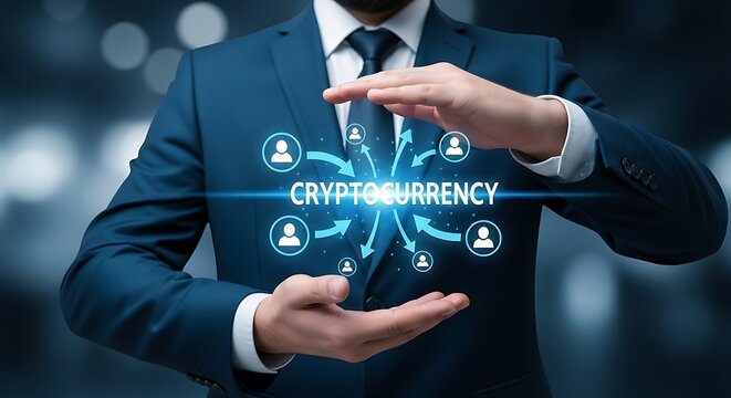 A businessman presents a cryptocurrency concept with glowing icons and arrows in a futuristic display