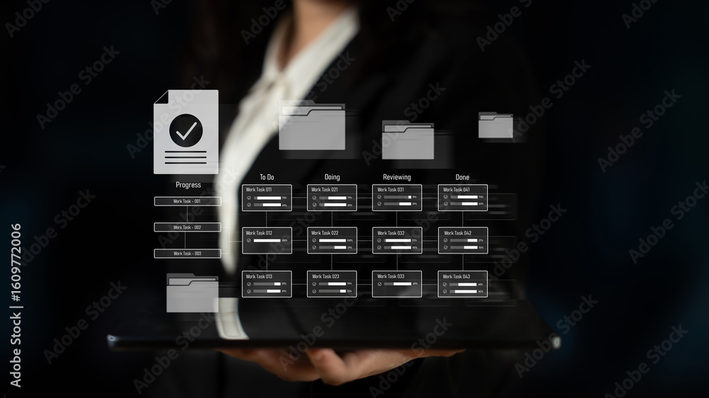 Poster task management workflow dashboard visualizing to-do lists, ongoing tasks, review status, and comple