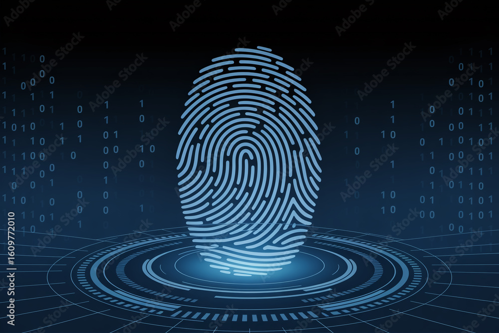 Aufkleber digital fingerprint glowing blue on a dark background with binary code and circuit board elements