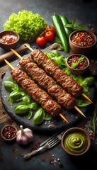 grilled Lula kebab on skewers with spices on a stone background