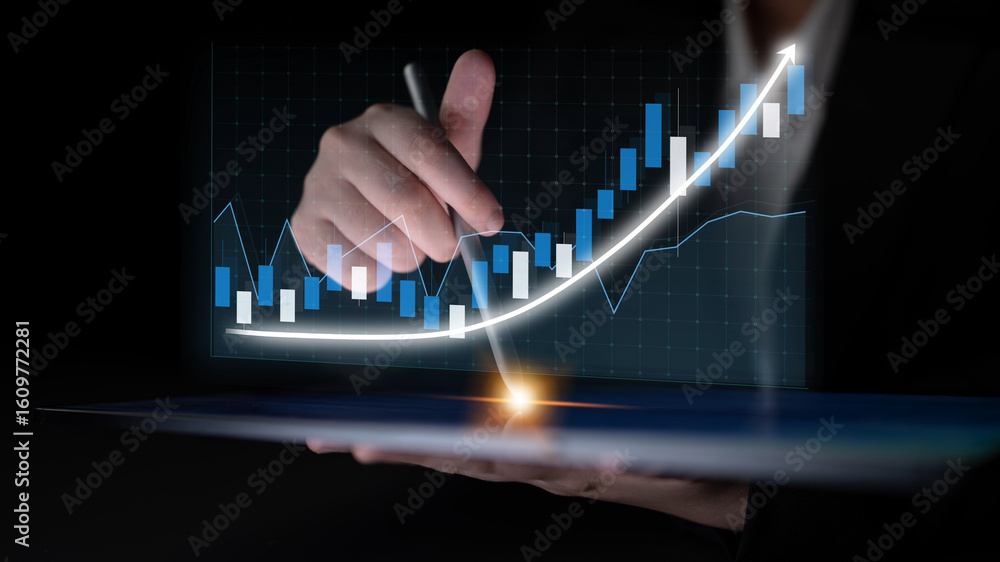 Poster a business professional reviews financial data using a tablet, highlighting growth trends with a dig