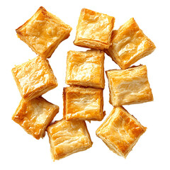 Golden, Flaky Pastry Squares Arranged on a White Background