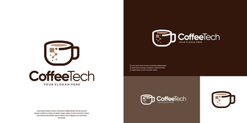 Coffee logo with pixel droplets, modern technology, abstract, vector design template.