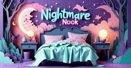 Whimsical bedroom scene. Purple tones dominate, stars sparkle. Bed, nightstands, moon create dreamy atmosphere. Papercraft style.