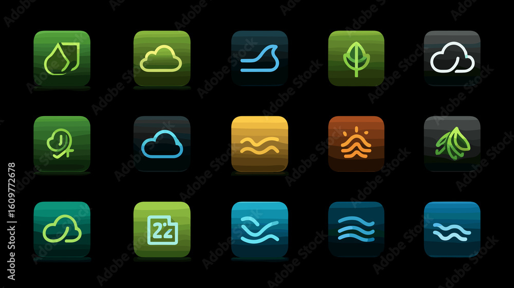 Poster a set of icons with various weather conditions and water features. the icons are in different colors