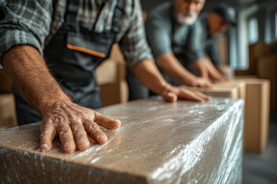 Workers prepare kraft paper rolls for packaging and shipment in a warehouse during the daytime shift