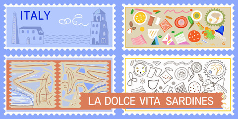 Italian themed stamps featuring landmarks food and abstract art