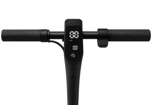 Modern electric scooter handlebar featuring digital display and controls on transparent background