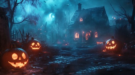 Creepy halloween scene with illuminated jack o lanterns and a spooky glowing haunted house photo