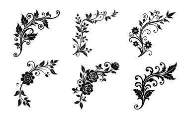 Floral Corner Ornaments Collection in Black Silhouette Style