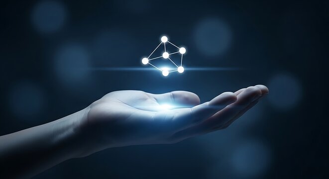 A glowing molecular structure hovers above an outstretched hand, representing scientific innovation - Powered by Adobe