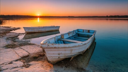 Sunrise over peaceful lake boats