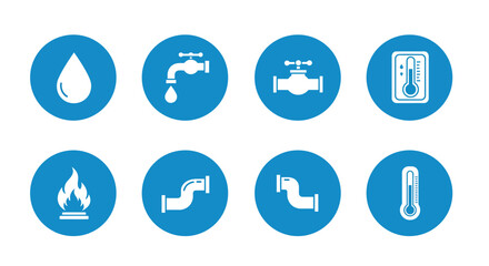 Water and temperature icons: plumbing and heating symbols in blue circles