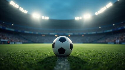 Soccer Ball on Stadium Pitch under Floodlights &ndash; Night Game Atmosphere