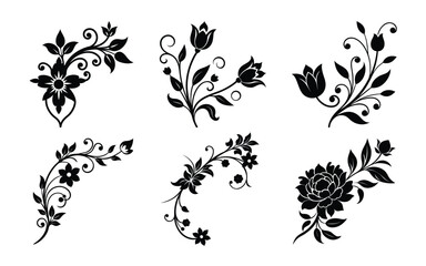 Elegant Floral Ornament Collection in Black Silhouette Style on White Background silhouette