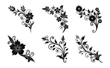 Floral Corner Ornaments Collection in Black Silhouette Style