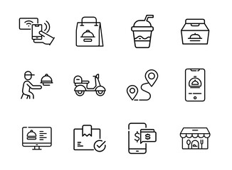 Food delivery and mobile ordering icon set. Flat vector icons of food courier, online menu, delivery bag, tracking app, and mobile food order.
