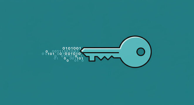 Conceptual illustration of a digital key and binary code for cybersecurity and data protection.