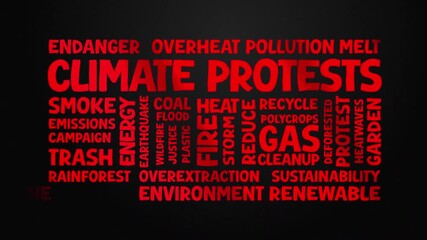 climate protests concept, Text Design Animation typography seamless loop video motion graphics Intro, Animated Tag Word Cloud kinetic typography Word Art Looping Text effects lettering red on black 