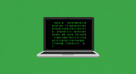 Digital technology concept showing a laptop with green binary code on the screen representing data and programming