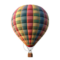 Fototapeta premium Colorful hot air balloon, isolated against black background. Geometric pattern of squares in pastel hues. Basket beneath, smoke/steam rising
